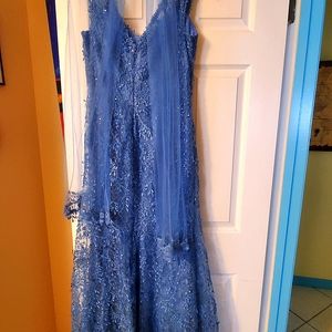 Lace Blue Gown Size 10. Blue wedge sandal size 7
